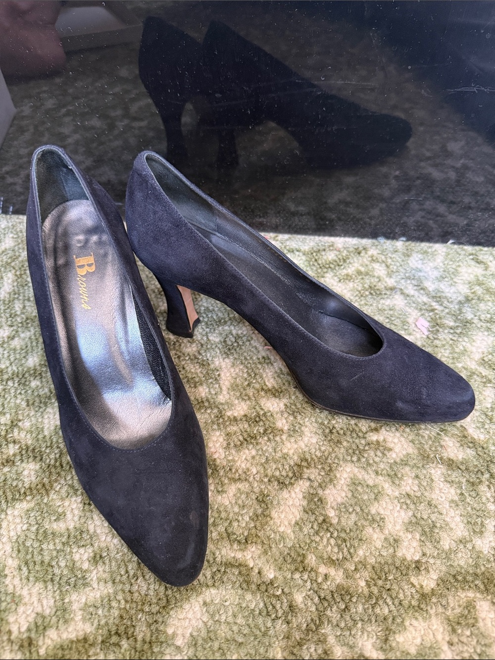 Navy Suede Almond-Toe Flared Kitten-Heel Pumps